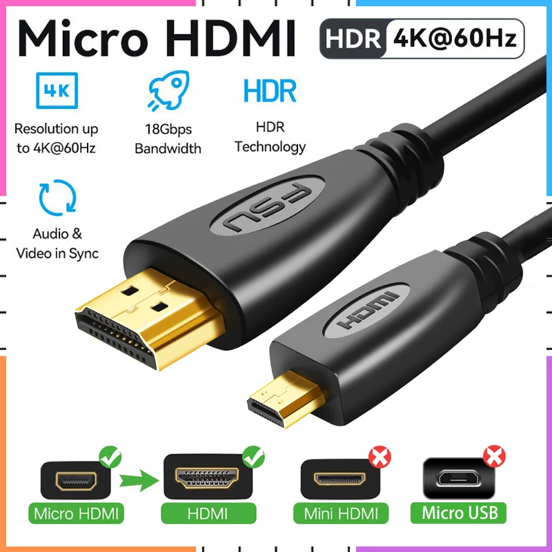 Adapter kabla Micro HDMI na HDMI Konwerter męski na męski Kabel Full HD 1080P 3D 4K HDMI do kamery PC Tablet