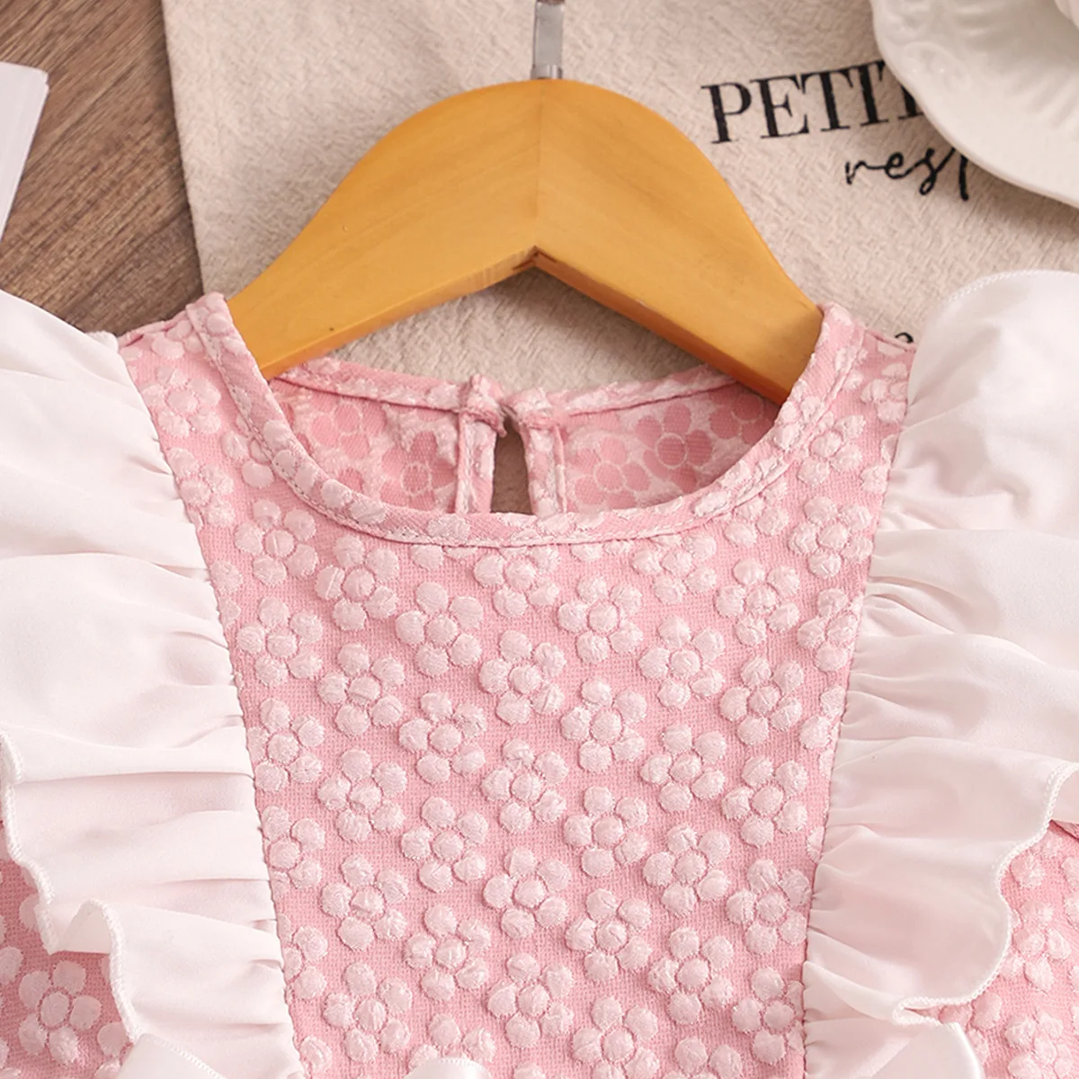 New Arrival Toddler Girl Flower Woven Textured Sundress, Frill Splice Hem With Bow Embellishment, Children Casual Dress 5