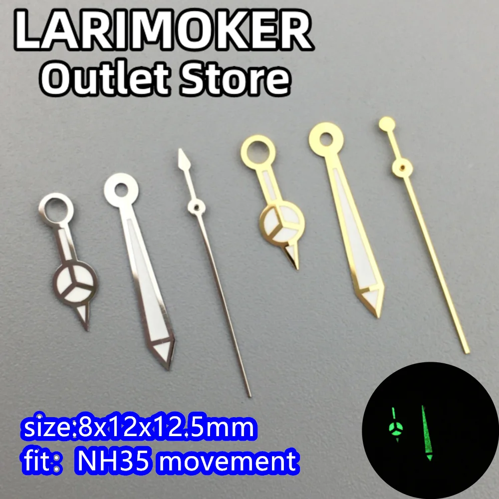 LARIMOKER Three-Spoke Sword Watch Hands Set Green Luminous Silver Gold Fit NH35 Automatic Movement Repair Parts