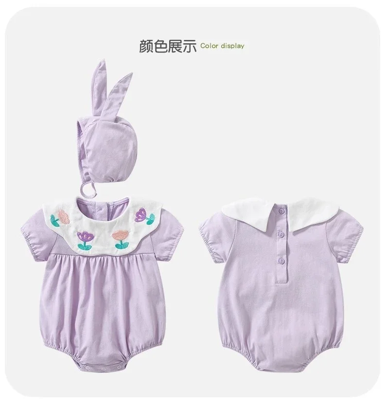 2024 Baby Girls Embroidery Flowers Rompers+long Ears Hat,toddlers Kids Summer Birthday Bodysuits Clothes Outfits