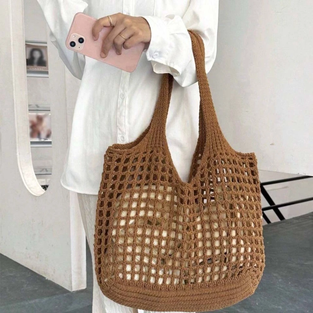 

Printed Sweet Woven Tote Bag Breathable Large Capacity Hollow Shoulder Pouch Polyester Brown Shopping Straw Bag School