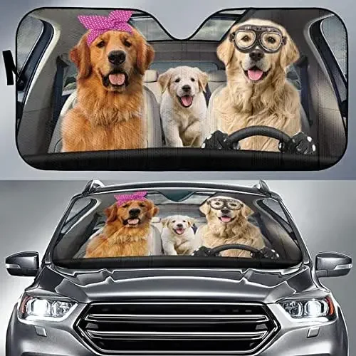 Funny Golden Retriever Driving Headband And Eyeglasses Dog Family Summer Car Sunshade, Gift For Golden Retriever Lover, Car Wind