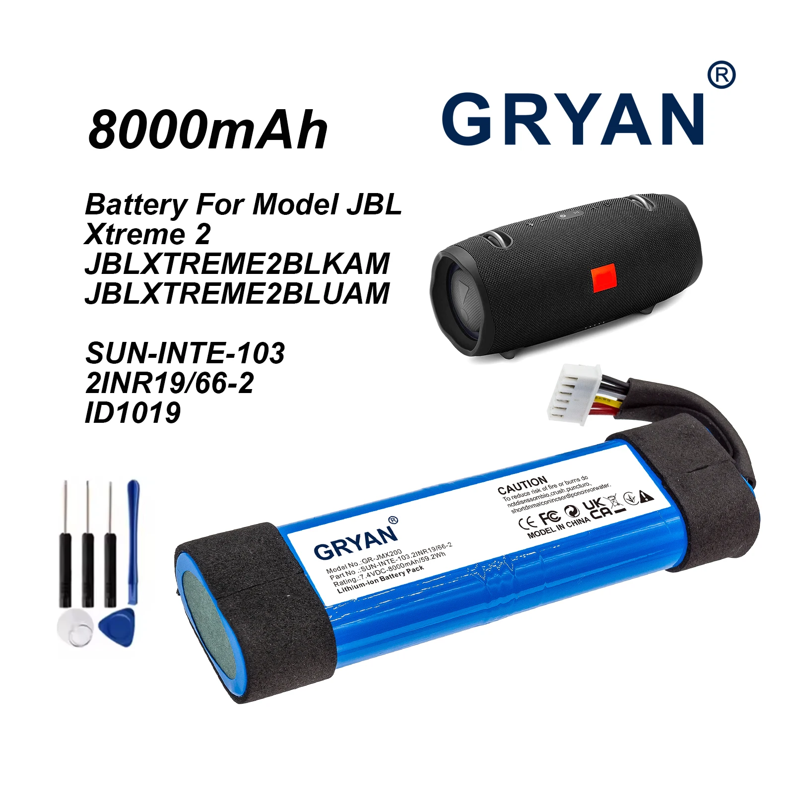 GRYAN 8000mAh 59.2Wh Speaker Battery for JBL  Xtreme 2 JBLXTREME2BLKAM JBLXTREME2BLUAM SUN-INTE-103 2INR19/66-2 ID1019