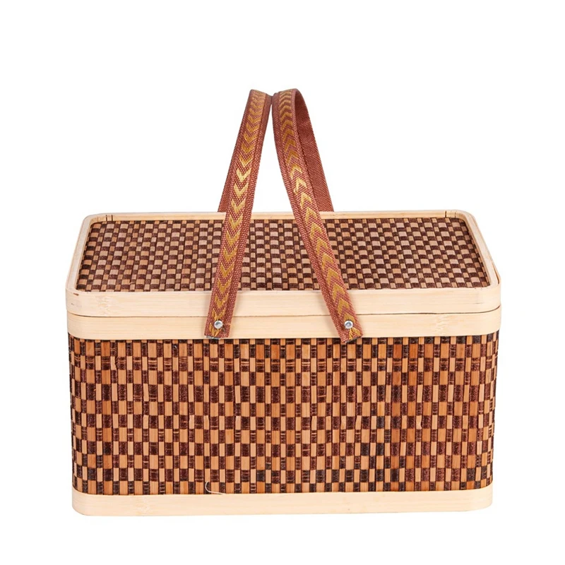 1 Piece New Bamboo Basket Bamboo Picnic Basket Dark Brown With Lid Handheld Snacks Bread Storage Basket