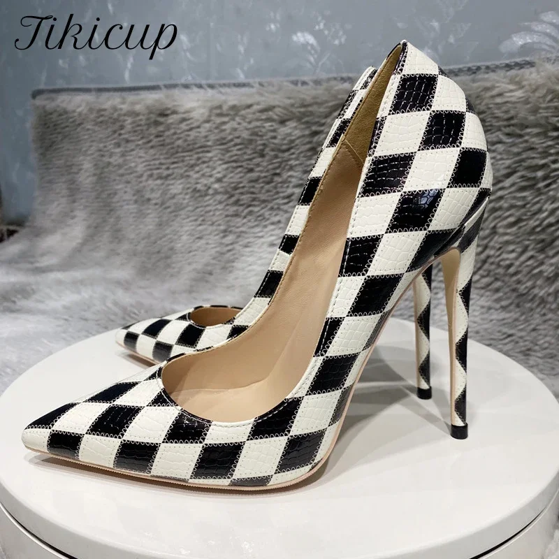 

Tikicup Sexy Black White Diamond Crocodile Effect Women Pointy Toe High Heel Shoes Designer Slip On Stiletto Pumps 8cm 10cm 12cm