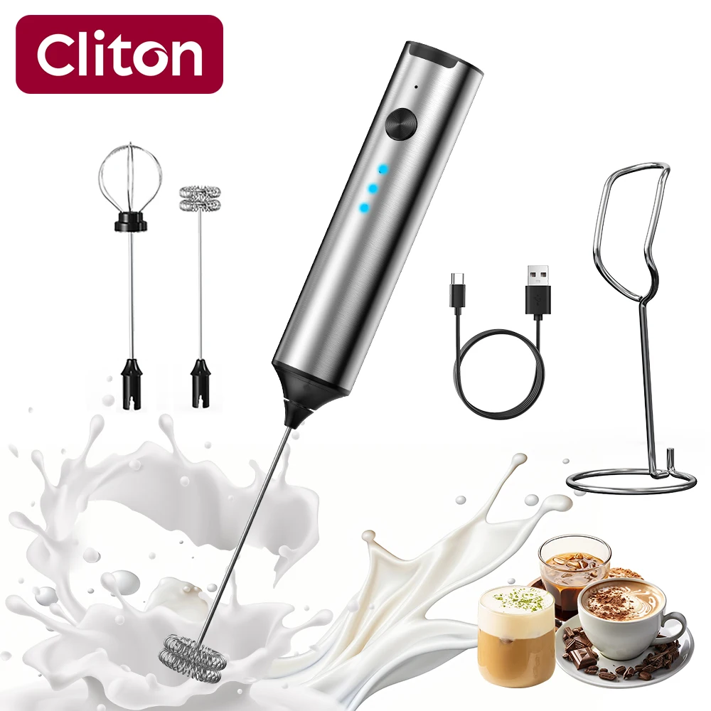 Cliton 3 Speeds 2 Whisks Metal Stainless Steel Wireless Rechargeable Handheld Portable Electric Milk Frother For Coffee