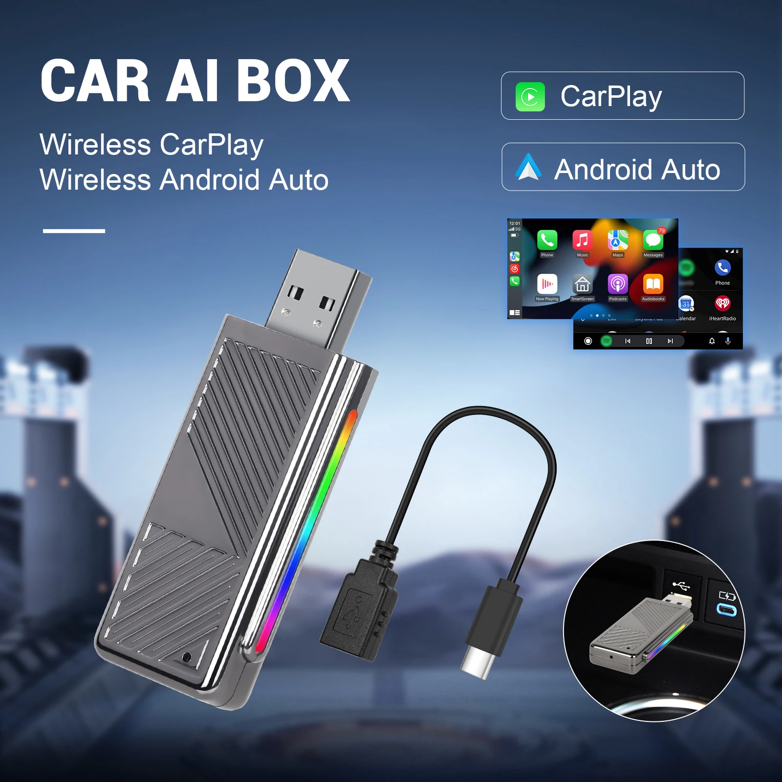 Podofo Carplay Box Wired to Wireless Carplay Android auto Adapter Smart Mini Box Support Online Map Voice Control