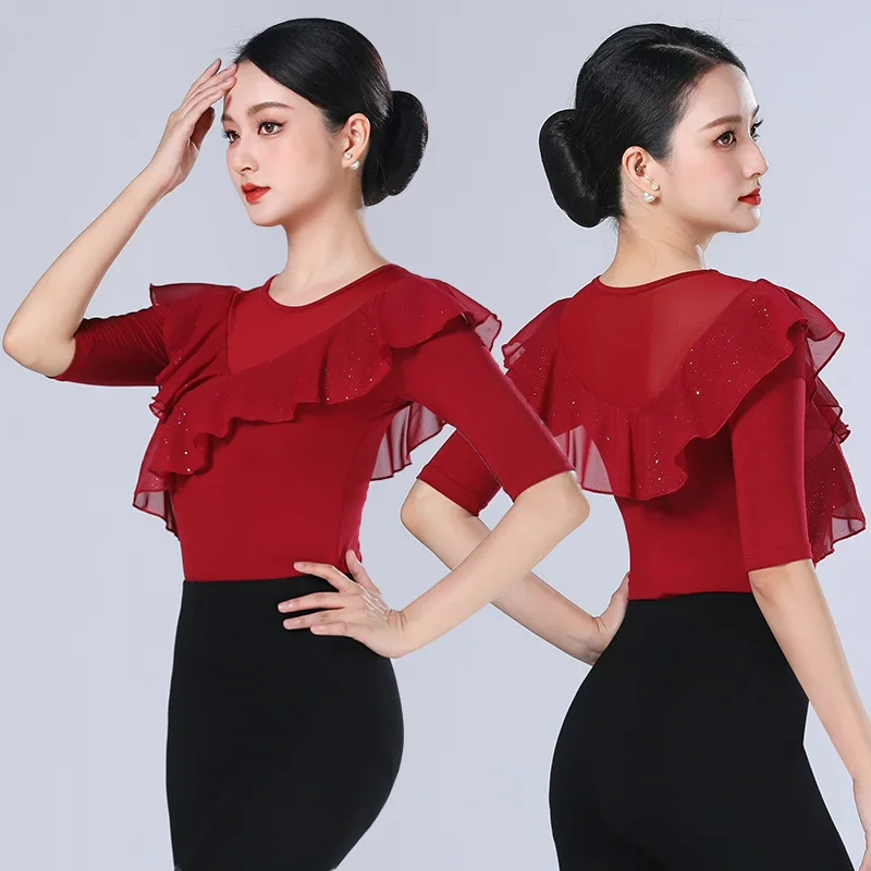 Camisa de baile moderna, nuevo Top de actuación de práctica de baile latino de salón estándar nacional