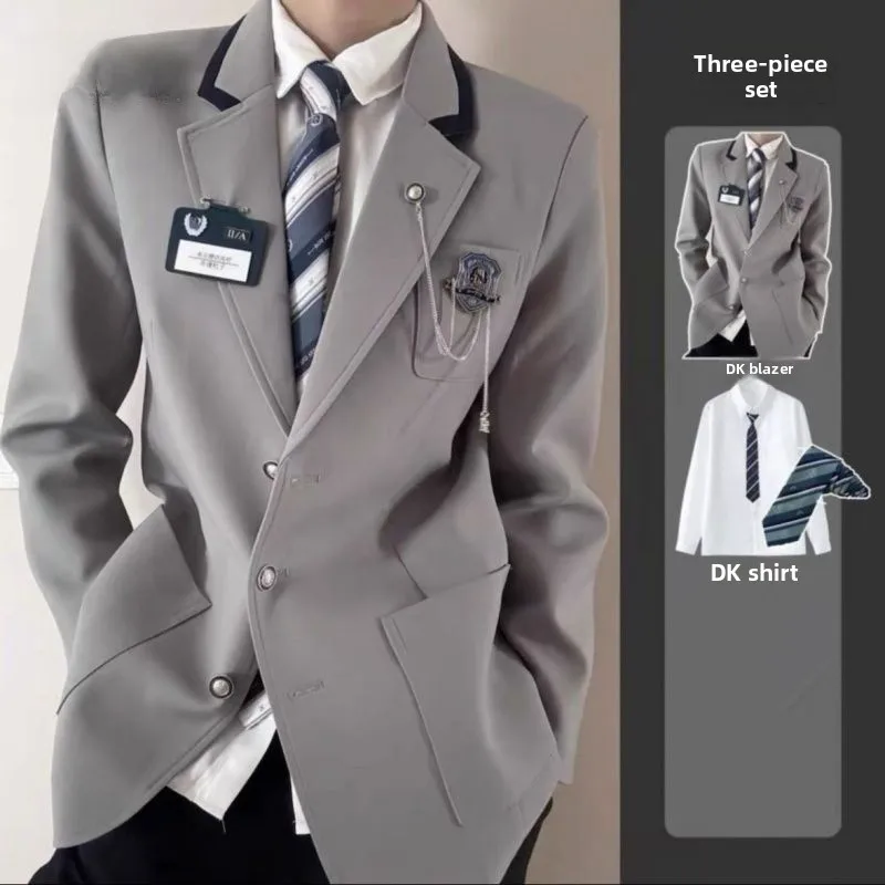 Korean Style College Uniform Men's Suit Set Shoulder Pads Formal Adult Clothing Three Buttoned Plain Color Business Casual