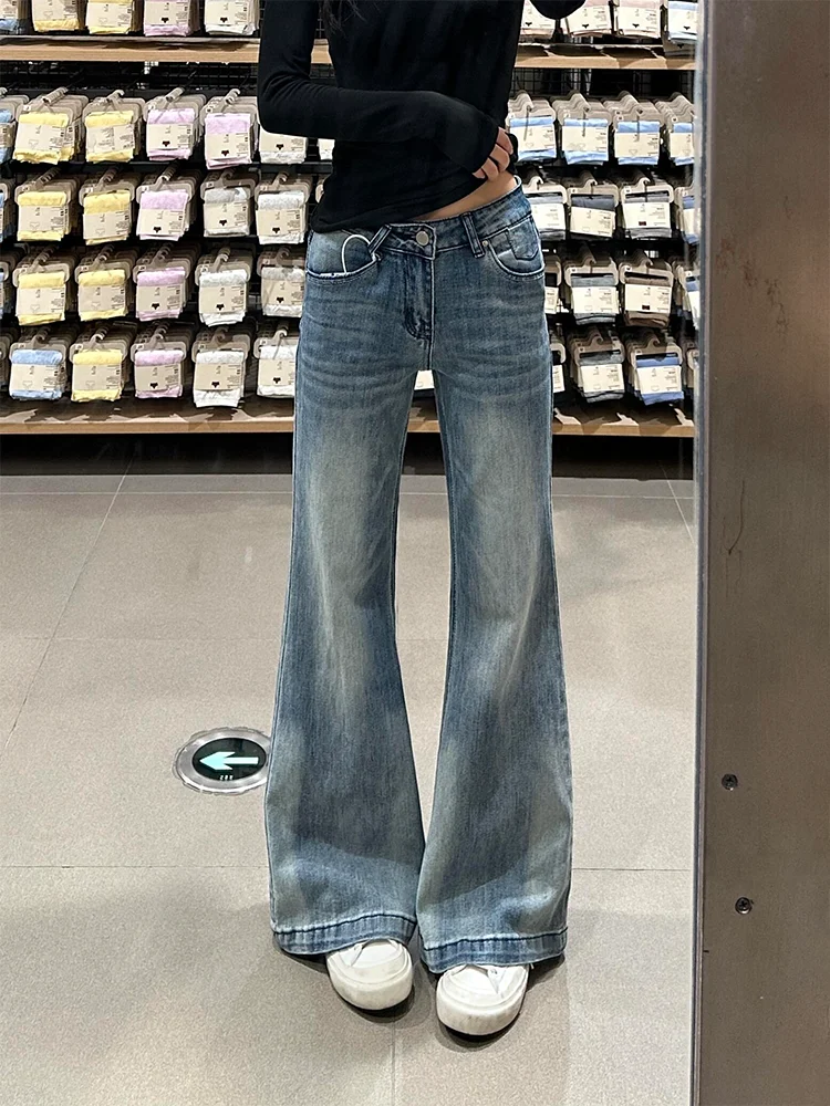 

plus Size American Blue Casual Bell Bottom Jeans Women's Retro Slimming Straight Leg Long Pants High Waist Distressed Denim