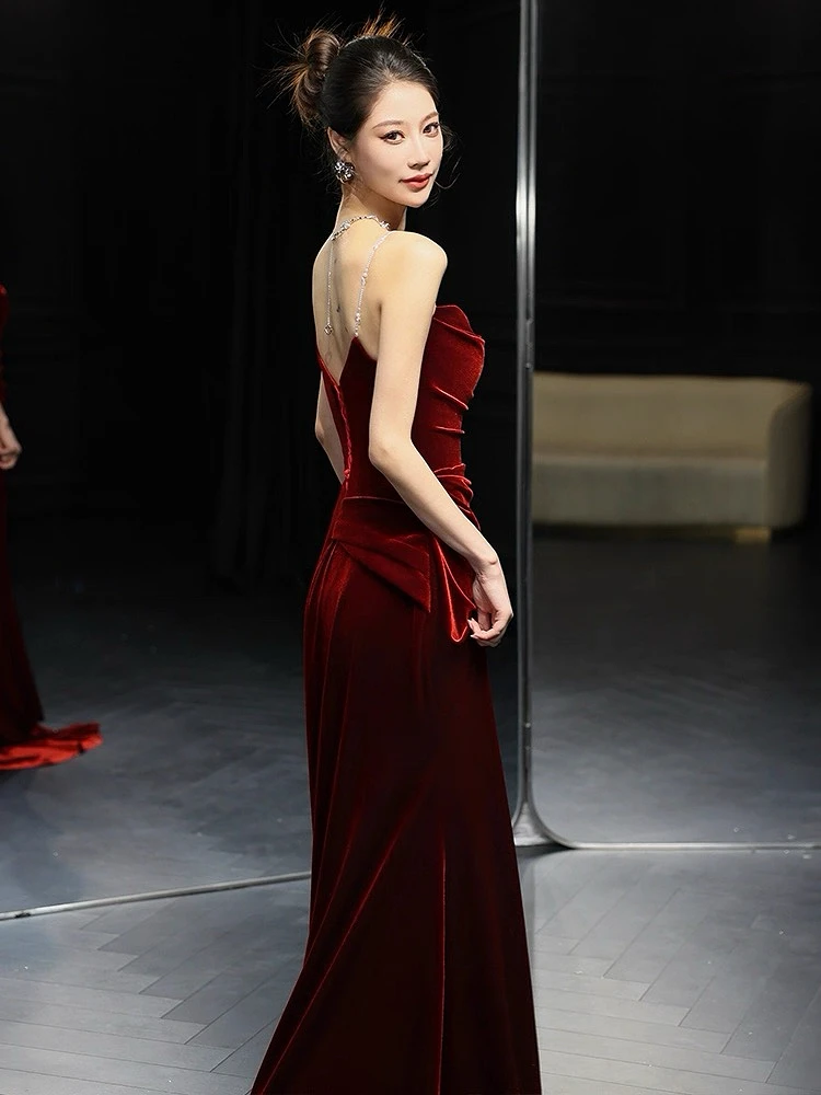 Vestidos de Noche de color rojo vino de gama alta, sirena fruncida, terciopelo adelgazante, sin mangas, espalda abierta, ocasión Formal, vestido de fiesta de cóctel y graduación