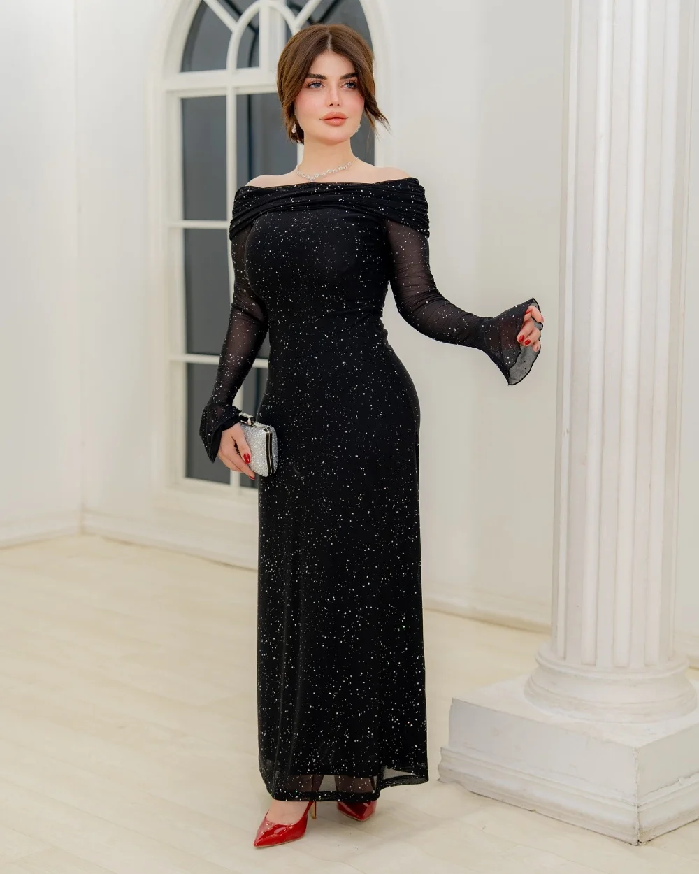 

Customized Sparkle Sexy Pleat Sequined Straight Off-the-shoulder Midi Dresses Bespoke Occasion Dresses Matching Sizes Available
