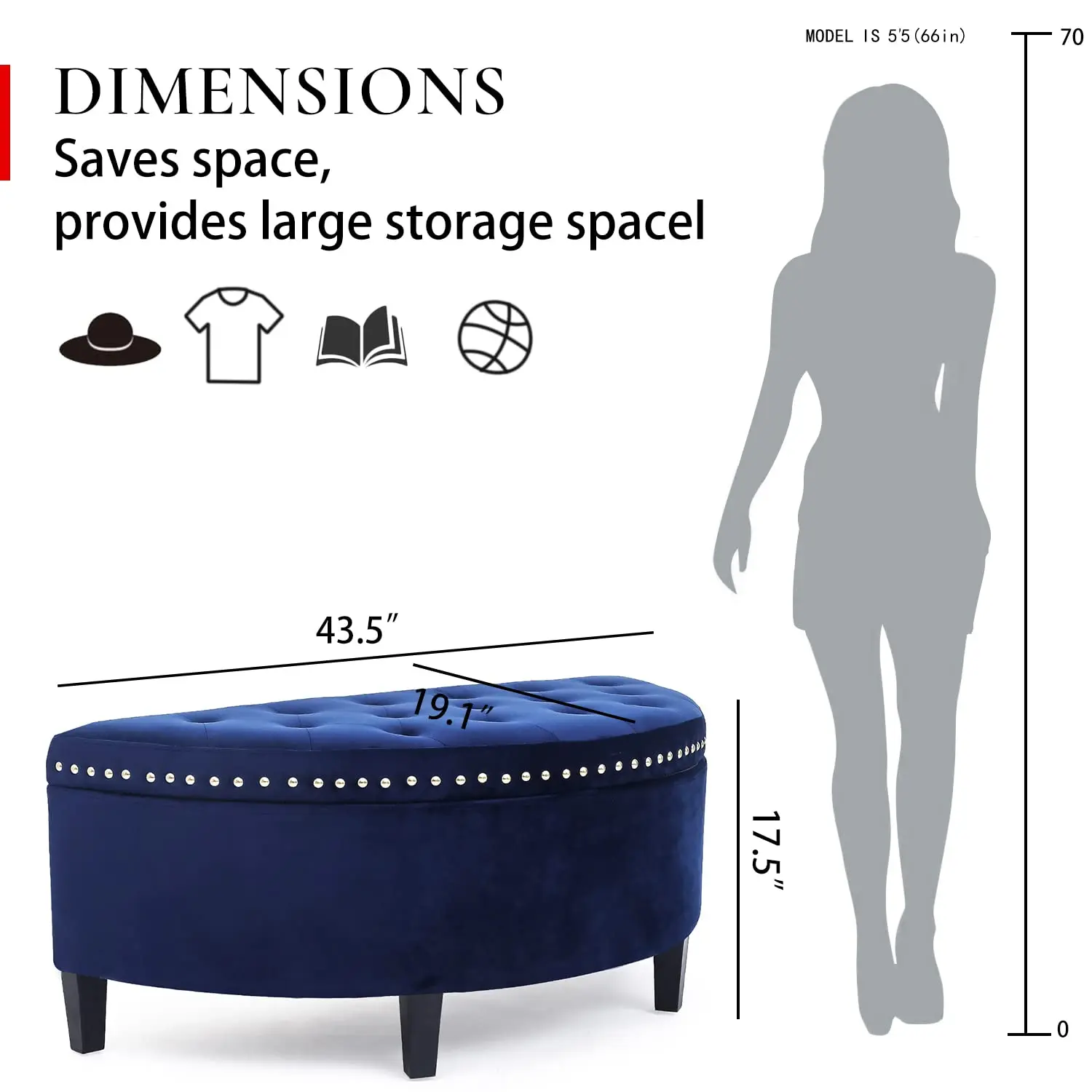 Velvet Tufted Half Moon Storage Ottoman Bench with Rivet, Bedroom Entryway Living Room Furniture, 43.5