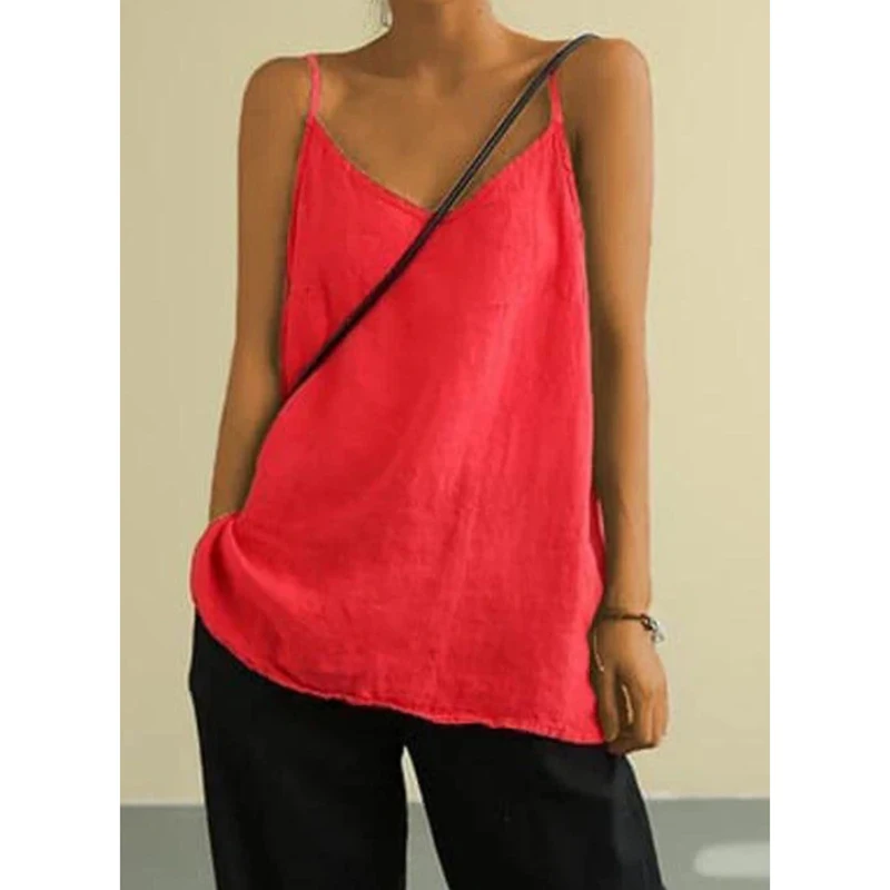 Damen Sommer-Top aus Baumwolle und Leinen, Spaghettiträger-Top, Damen Neckholder mit V-Ausschnitt, Einfarbiges Ärmelloses Tanktop, Locker Sitzendes Casual-Cami – Detail 9