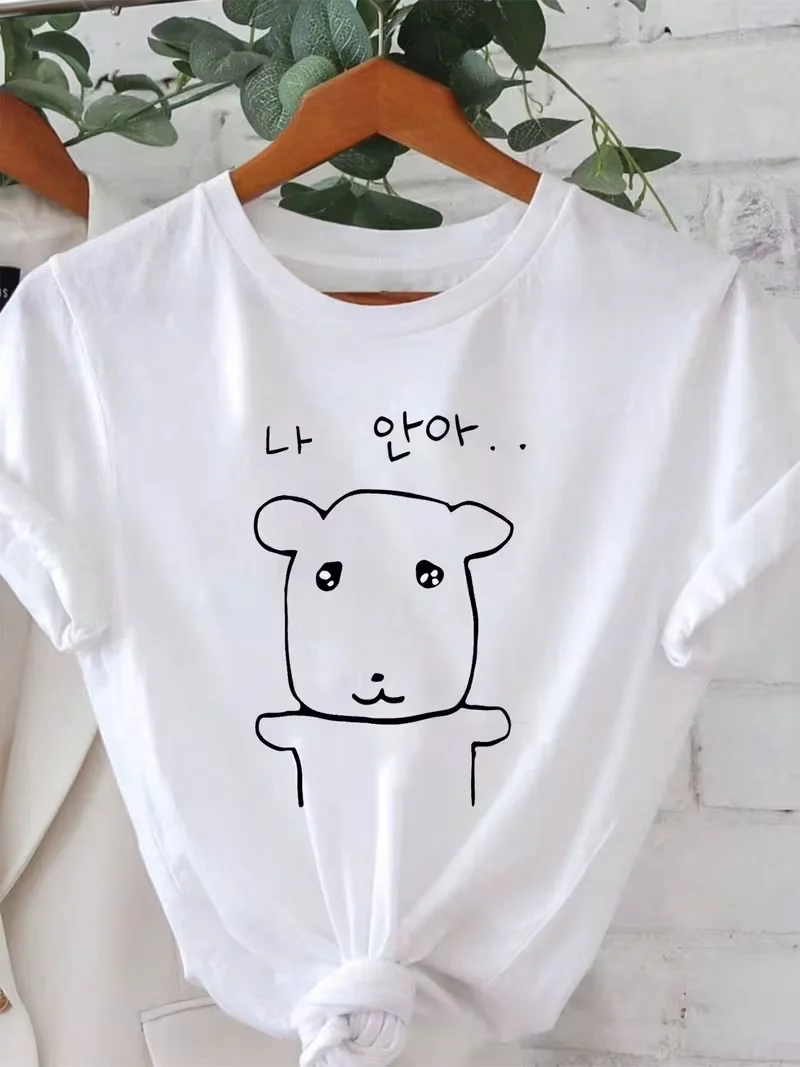 Cartoon Dog Printed Women's T-shirt Cute Request for Hugging Puppy Round Neck Comfortable Plus Size Top Fun Women's Clothing