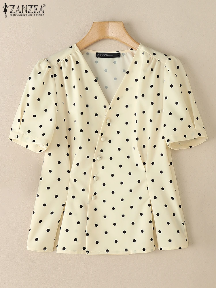 

Stylish Women Blouses ZANZEA 2025 Summer Polka Dots Shirt Elegant Short Puff Sleeve Slim Fit Tunic Tops Casual Work OL Blusas