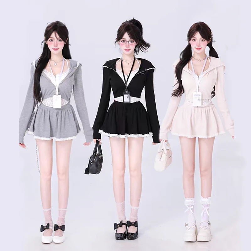 

2 Piece Sets Women Y2k Clothes Hoodies Top Mini Skirt Set New Two Piece Set 2024 Korean Holiday Sexy Autumn Party Dress Suits