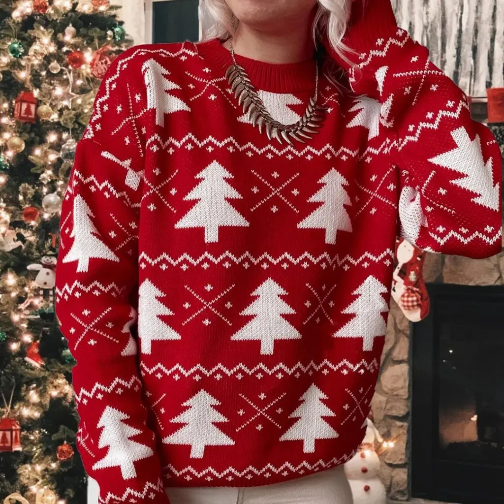 Suéter de Jacquard de Navidad con cuello redondo para mujer, manga larga, moda de invierno, estilo europeo y americano