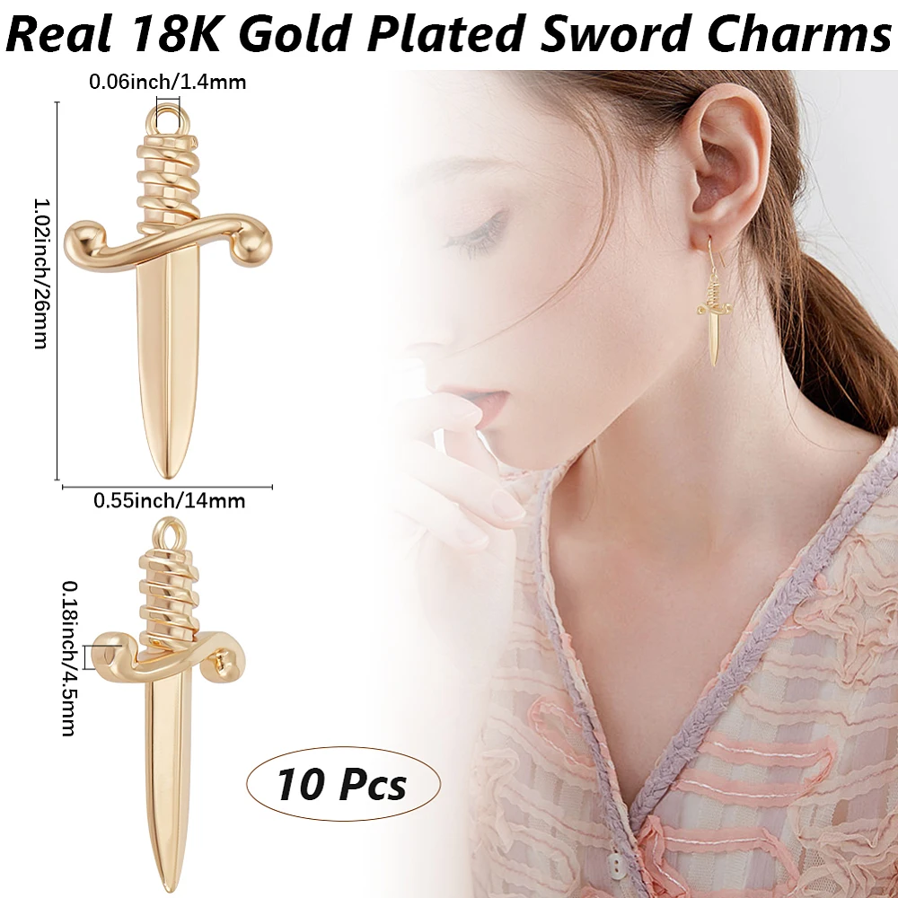 

10Pcs Brass Pendants Cadmium Free Nickel Free Lead Free Charms Real 18K Gold Plated 26x14x4.5mm Hole: 1.4mm