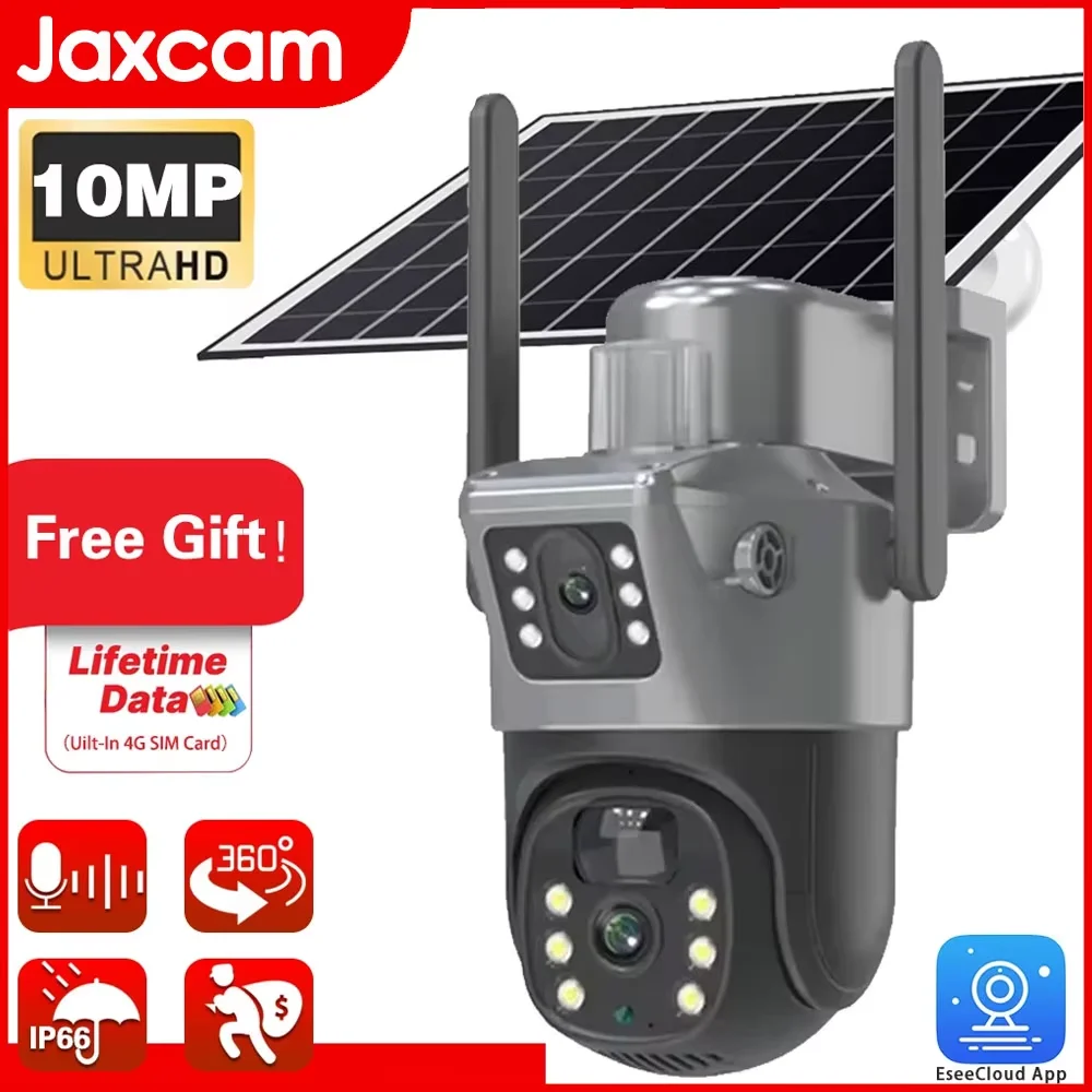 

10MP 5K Free 4G Internet Traffic Card Solar Camera Dual Lens Monitor Security Protection PTZ Video Surveillance CCTV 2-Way Audio