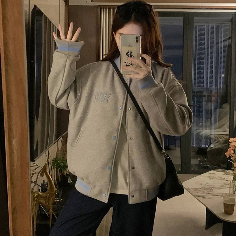 

Бейсбольные куртки женские демисезонные ветрозащитные из шерсти, в стиле boyfriend, с воротником-стойкой, модные, для подростков, декорированные, с карманами, на шнуровке, в стиле Y2K