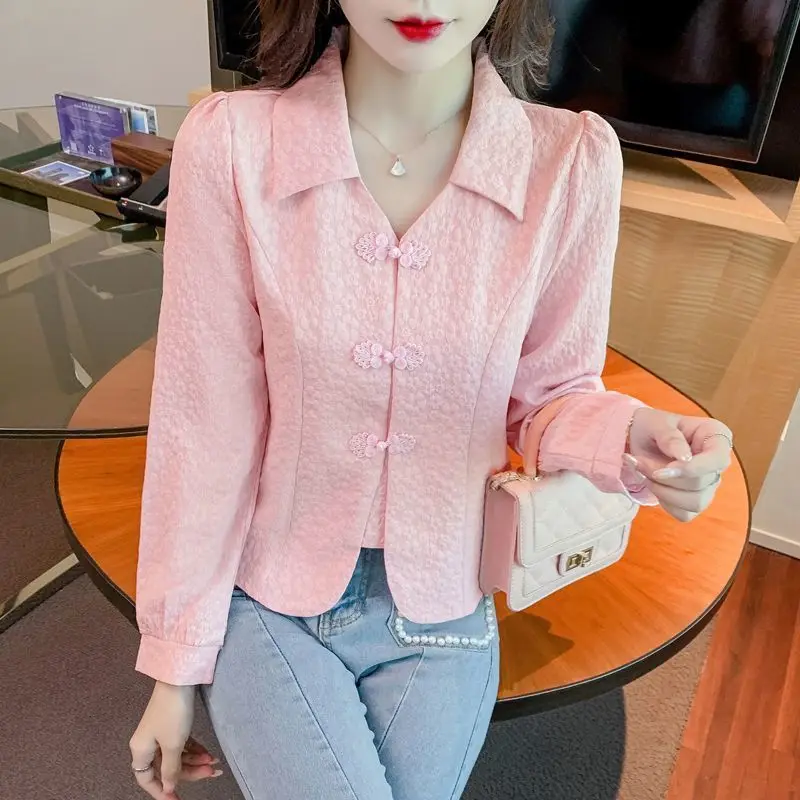 Temperament Slimming New Style Age-reducing Western Style Versatile Retro Buckle Design Chiffon Long-sleeved Top