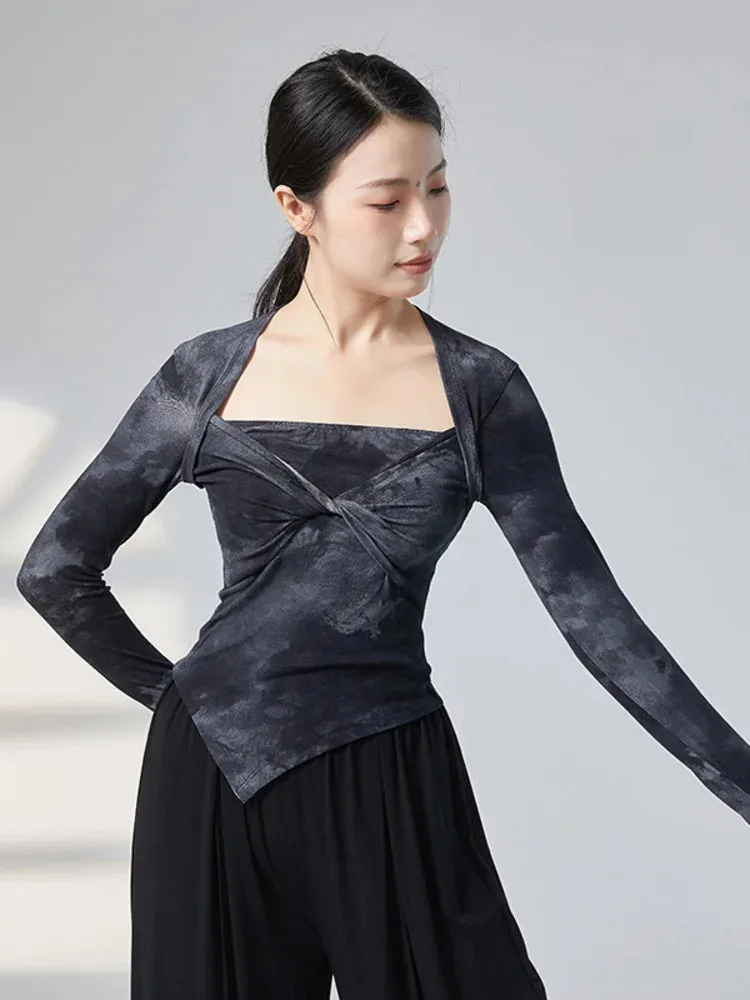Tie Dye Slim Fit Ballet Dance Top for Women, Long Sleeve Square Neck Asymmetrical Shirt for Training and Artistic Performances