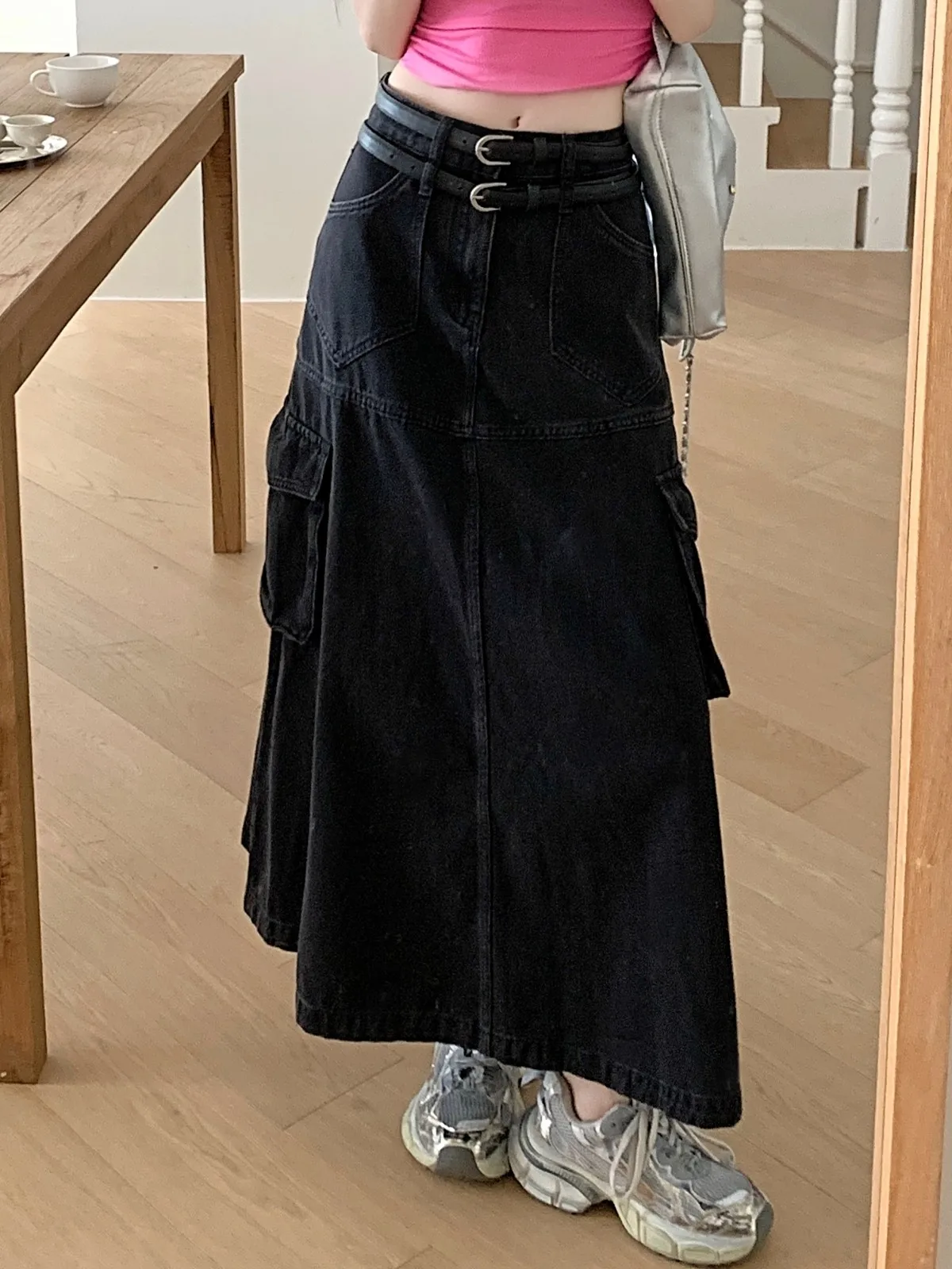 

ZHISILAO A-line Long Denim Skirt for Women Vintage Y2K Pocket High Waist Cargo Skirt Autumn Summer 2023