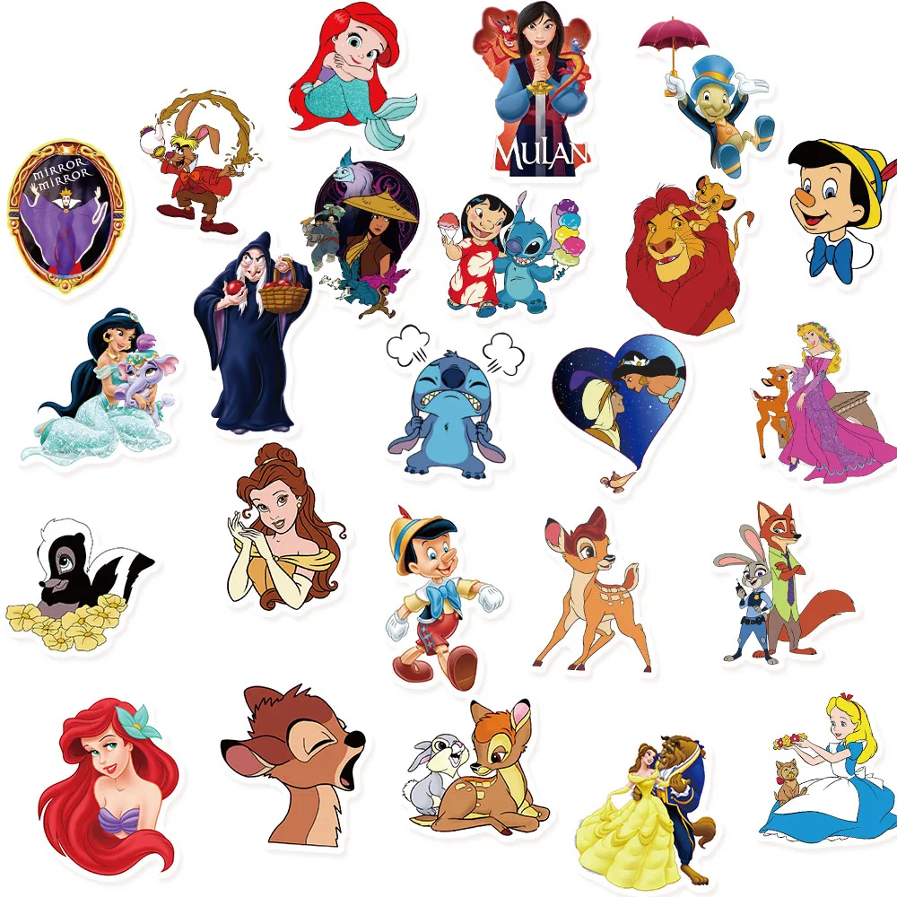 50pcs Disney Mix Cartoon Cute Stitch Micky Princess Stickers Vinyl Laptop Luggage Skateboard Waterproof Girl Sticker Classic Toy