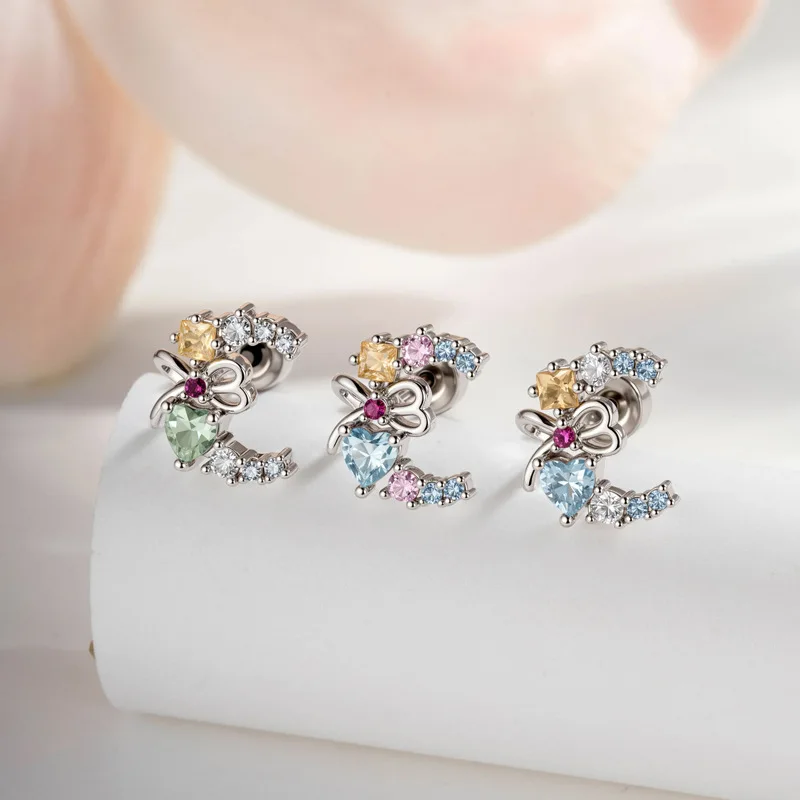 20G Moon Cubic Zirconia Ear Stud Hypoallergenic Titanium Stackable CZ Earrings for Sensitive Ears Cartilage Helix Conch Tragus