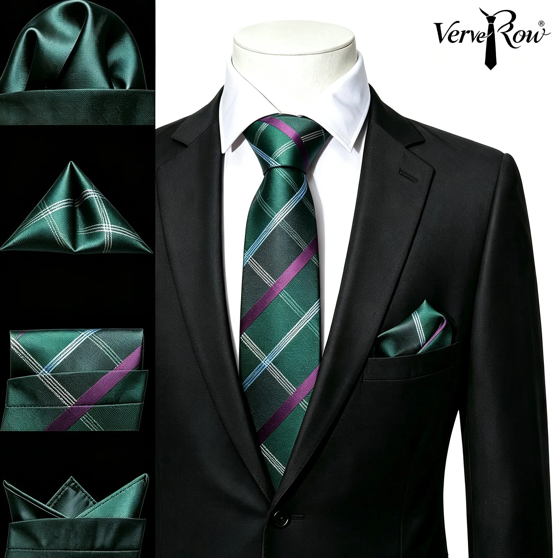 VERVEROW Conjunto de Corbata y Pañuelo de Bolsillo a Juego con Diseño Tartán Verde y Morado para Hombre, Accesorio Formal para Oficina y Ceremonias