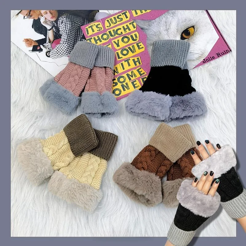 Y2K Harajuku Sweet Thickened Knitted Woolen Half Finger Gloves Warm Winter Fur Color Block Design Universal Unisex Gloves