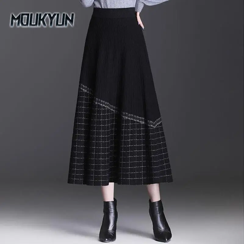 

Women Midi Knitted Skirts Female Skirt High Waist Thicken Solid Slim Mid-length A-line Skirt Faldas
