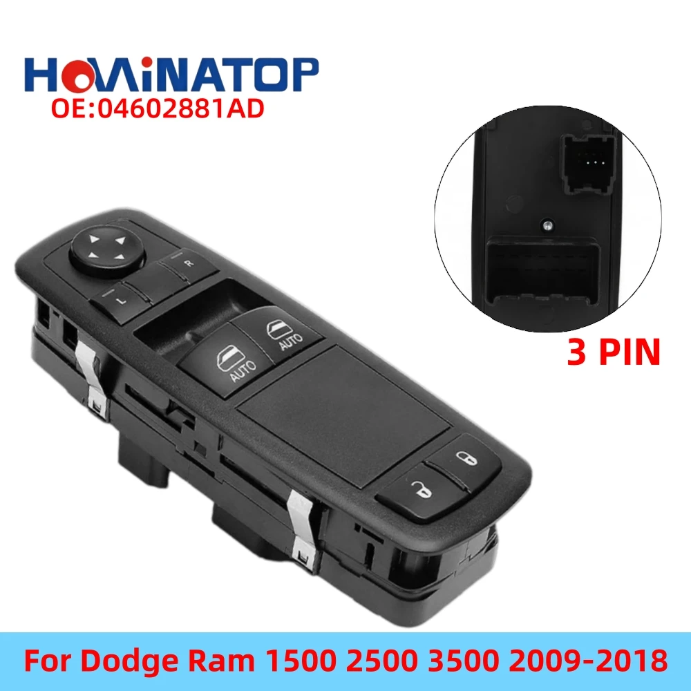 HOWINATOP 04602881AD 68148893AA 3Pin Power Window Master Switch Dual Auto For Dodge Ram 1500 2500 3500 2009-2018 OEM Replacement