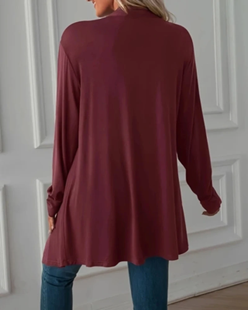 Plus Size Solid Color Open Front Top, Casualowy top z długim rękawem na wiosnę i jesień, odzież damska w dużych rozmiarach