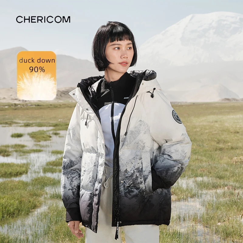 

Chericom Зимний пуховик с контрастной черной подкладкой, фирменная нашивка с короткими утолщенными теплыми градиентными цветами, хлебные пальто Y289098Y