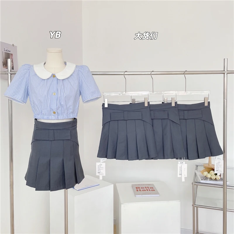 

2023 Summer New Retro Versatile High Waist Stitching A-line Skirt Women's Fashion Pleated Slim Fit Short Skirt for Ladies