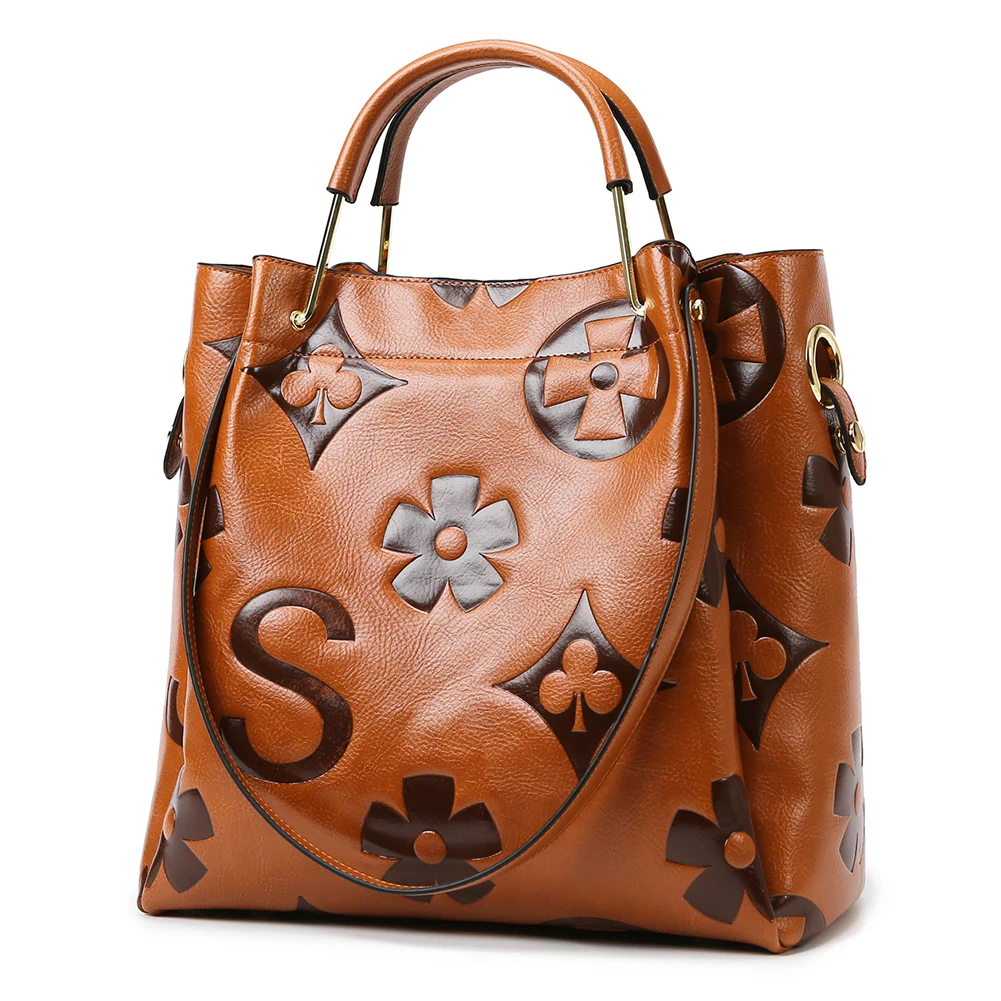 

Bucket Bag PU Leather Embossed Handbag Large Capacity Shoulder Bag Vintage Crossbody Bag for Women Work Shopping Travel