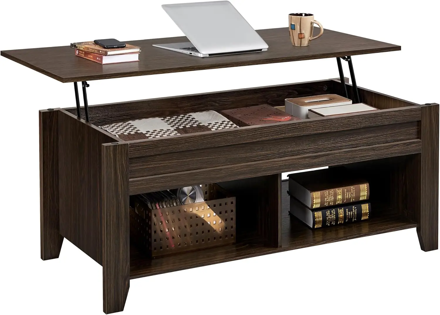 

Lift Top Coffee Table with Hidden Storage Compartment & 2 Open Shelves, Rising Tabletop Pop Up Center