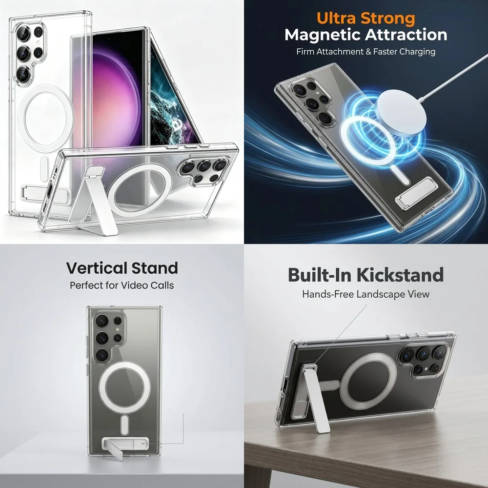 Magnetic Stand Case for Samsung Galaxy S21 S22 S23 FE S24 Ultra Plus S25 S26 Hybrid Drop Resistant Wireless Charging Slim Cover