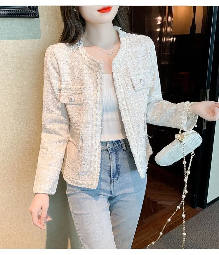 

Tweed Jacket Embellished Button Women Womens Summer Lace Net Kawaii Fairy Dancing Minimalist Tassels Cinched Safari Drawing Ice