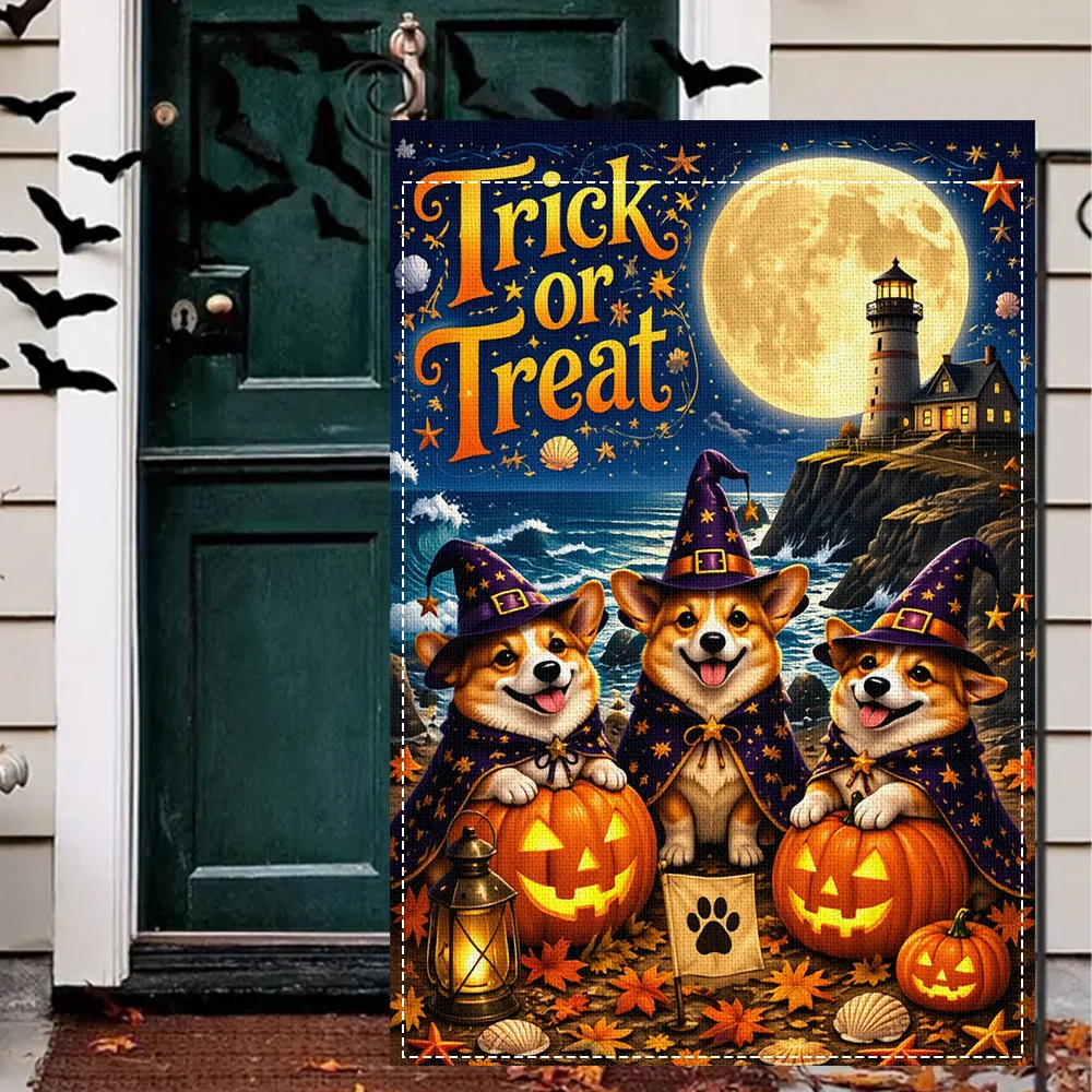 1pc Halloween Trick or Treat Corgi Garden Flag, reversible print, perfect for patio and outdoor holiday decorations (pole not in
