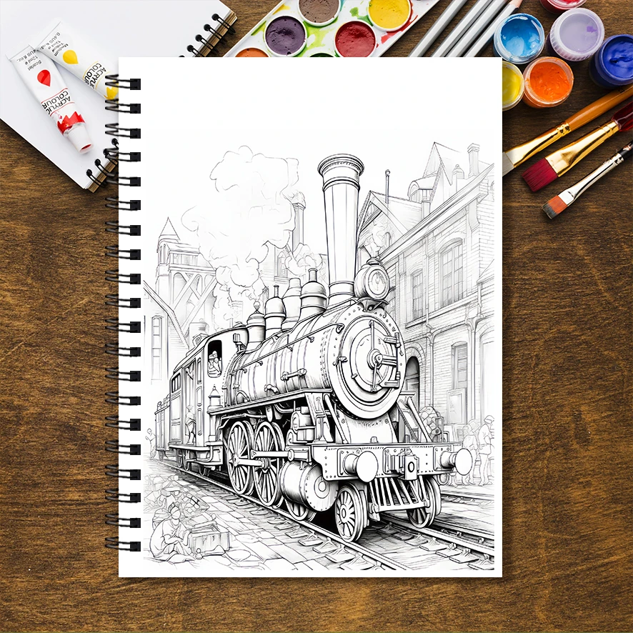 Running Train Adult Coloring Book - 8.3 x 11.2 inches 32 pages coloring book - helps reduce stress and relieve mood