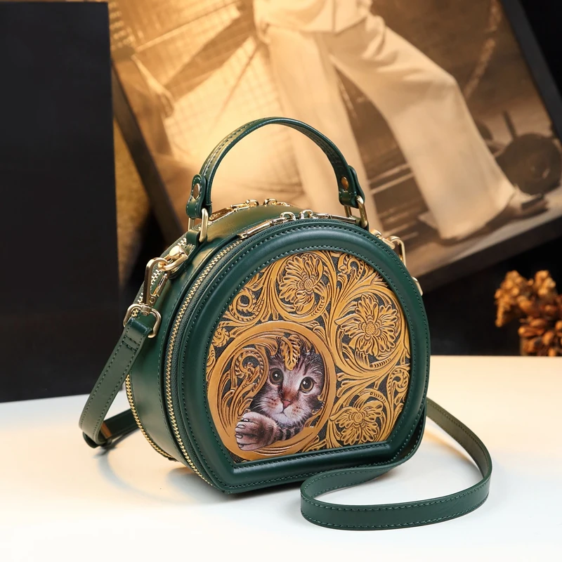 Luxury Fashion Genuine Leather Women\'s Handbags Carving Ladies Small Shoulder Crossbody Bag Portable Round Bags 2024 New