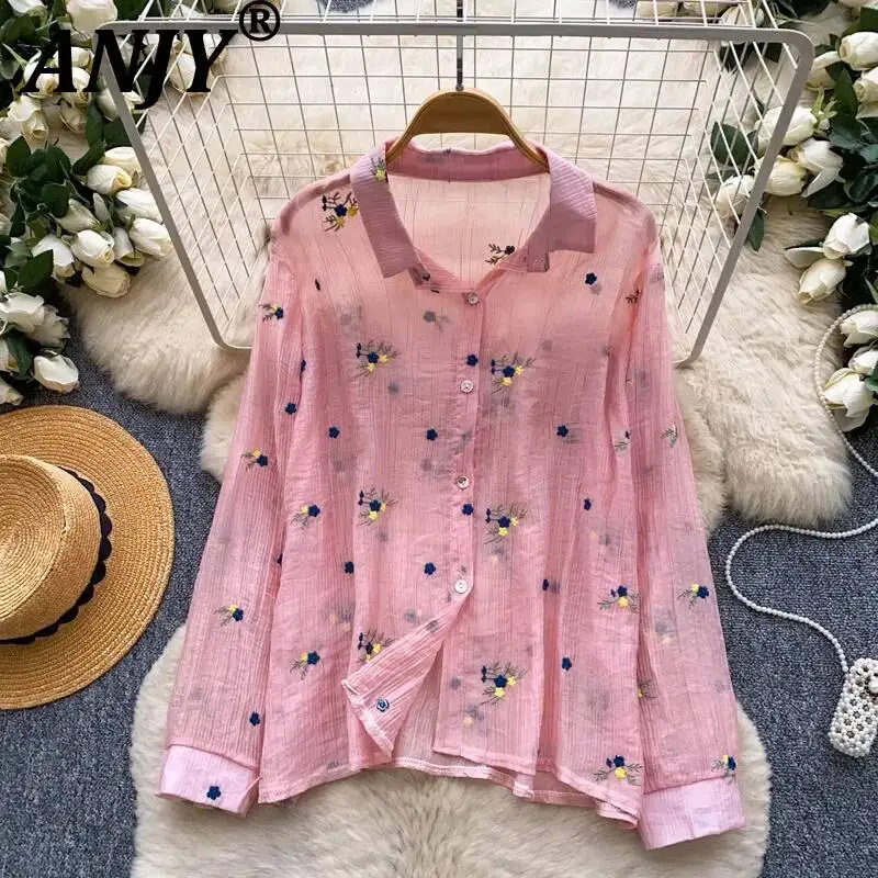 

ANJY Spring Summer New Women Korean Style Small Floral Embroidery Breathable Shirt Elegant Chic Long Sleeves Loose Blouse A23385