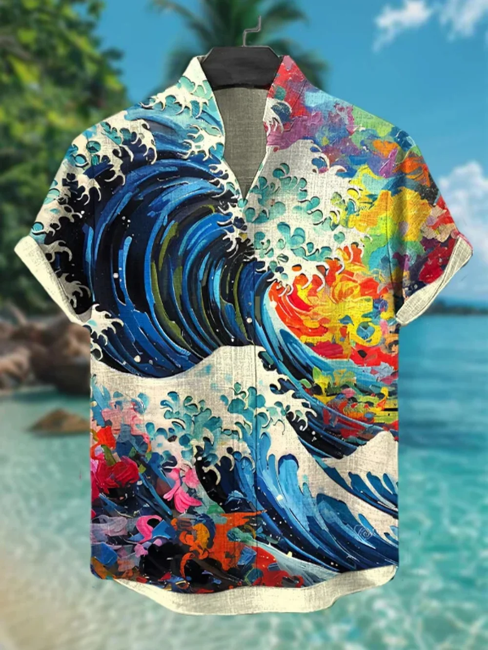 

Wave pattern printed button up shirt, linen short sleeved stand up collar shirt, Hawaiian casual vacation men's plus size top,