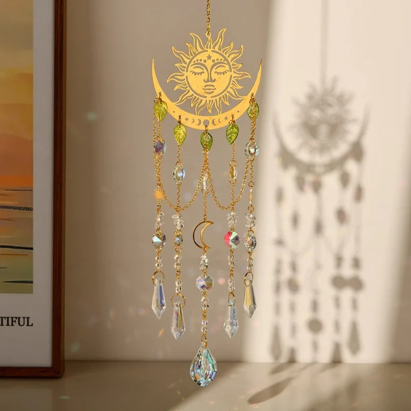 1PCSNatural Amethyst Citrine Sun Moon Geometric Circle Wind Chime Crystal Suncatcher Home Garden Window Hanging Light Decor