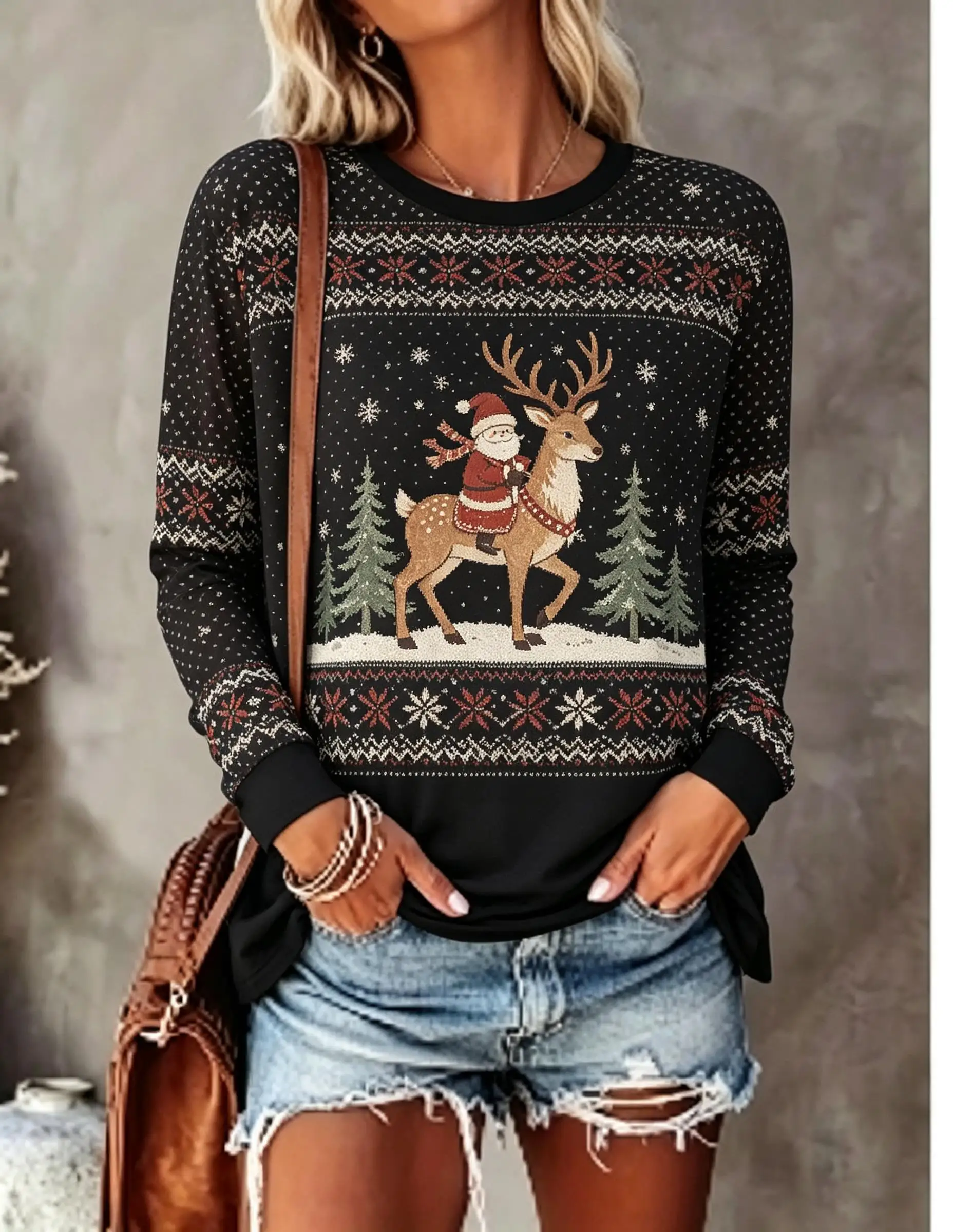Women Christmas Long Sleeve T‑Shirt Ugly Sweater Style Reindeer Tree Snowflake Print Crew Neck Tops