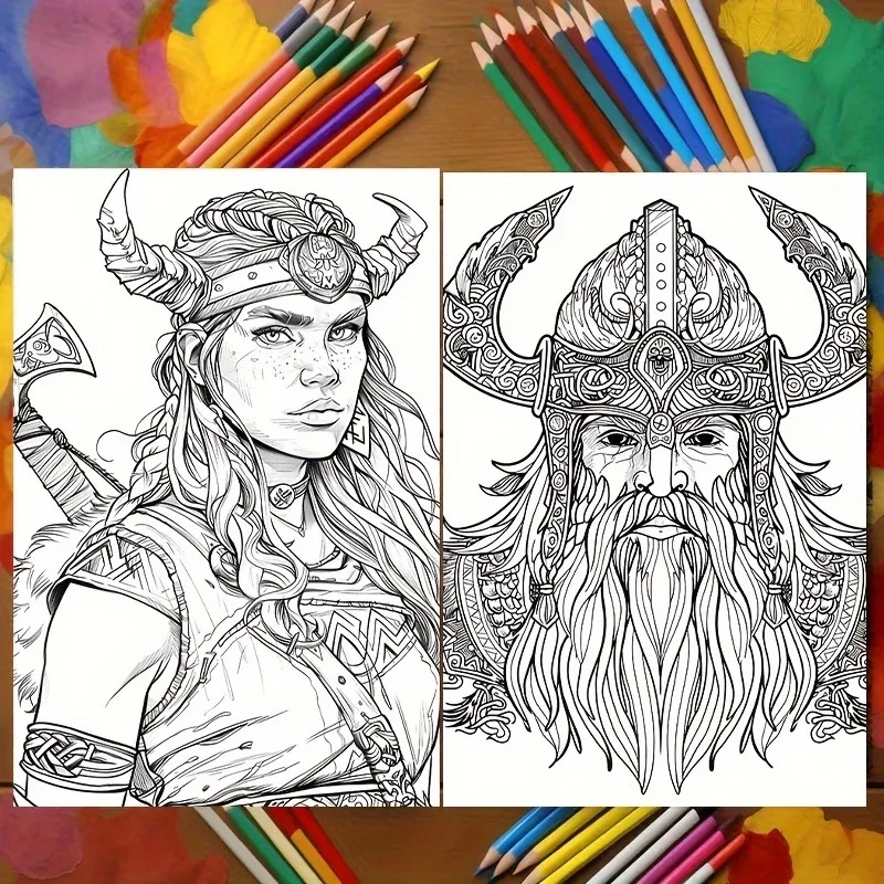A4 Spiral Vikings Coloring Book for Adults 24 Pages Mythical Norse Scenes Relaxing Art Therapy Creative Gift