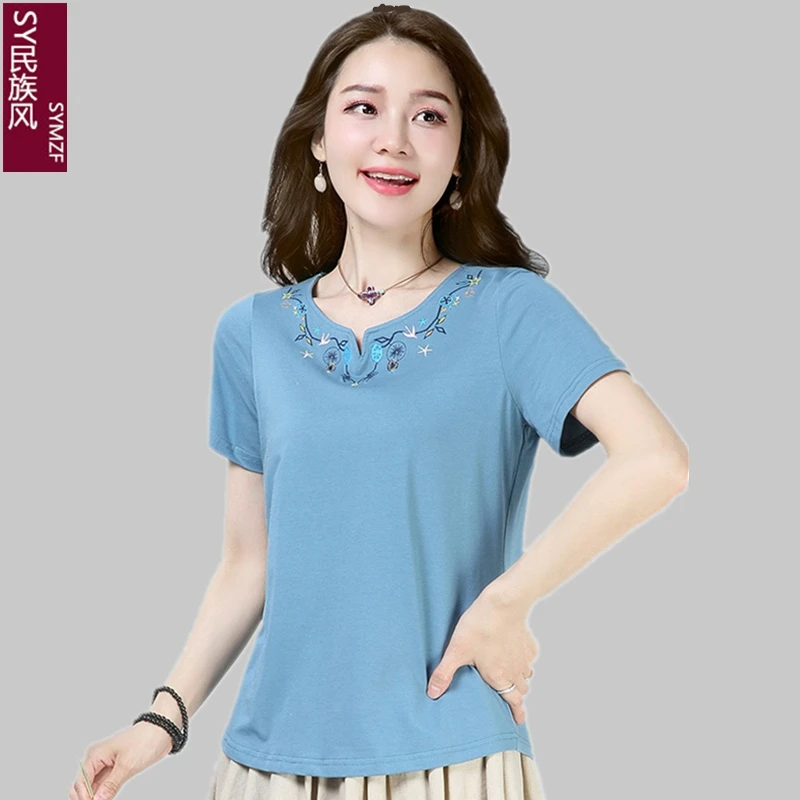 

T-shirt Women's Ethnic Style Women's Short Sleeve Top 2022 Summer Chinese Style Embroidery Versatile Cotton Slim Shirt